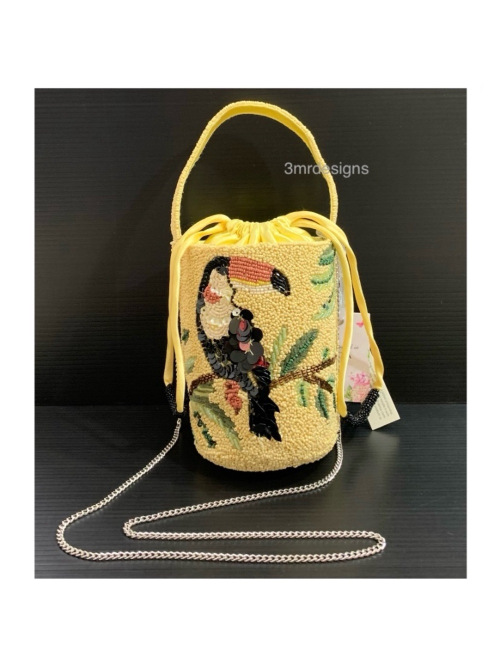 NWT Viral HANDCRAFTED IN INDIA Beaded Toucan Drawstring Bucket/Crossbody Bag